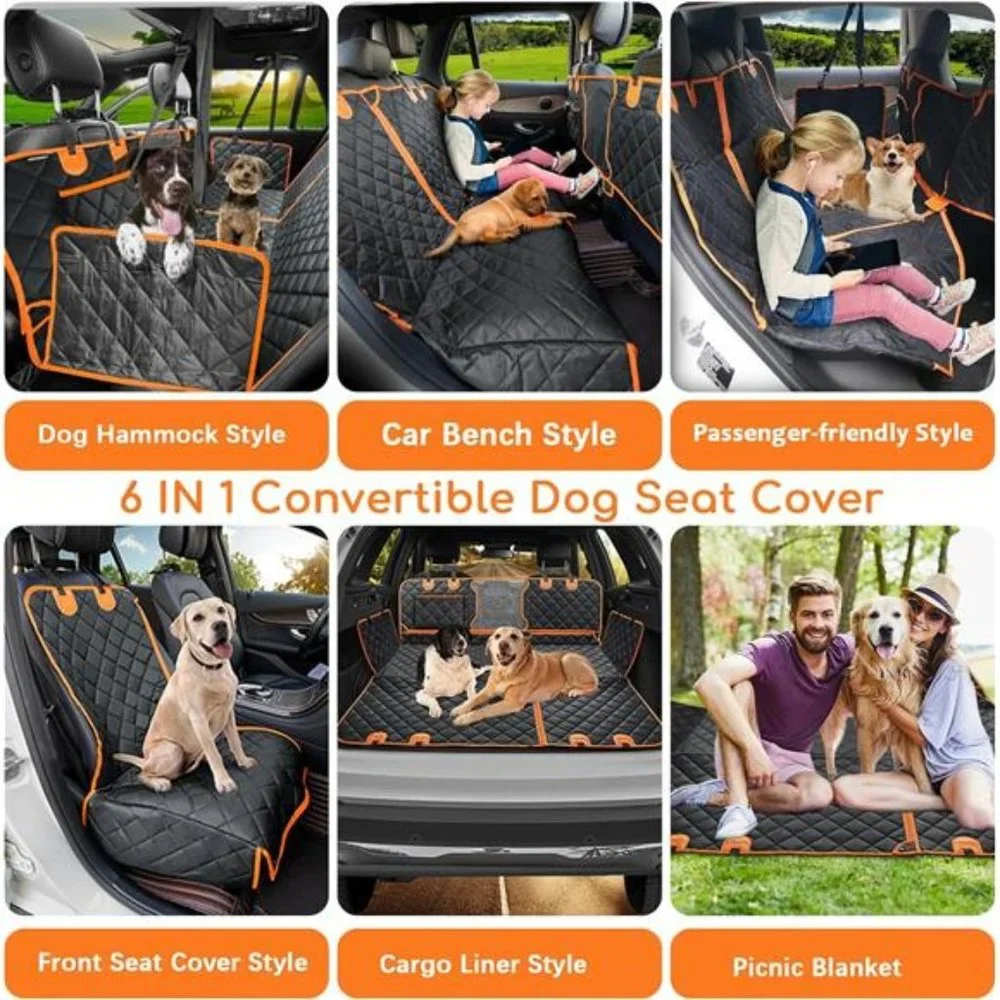 6 in 1 Convertible Dog Car Seat Cover for Back Seat 60/40 Split Dog Seat Cover